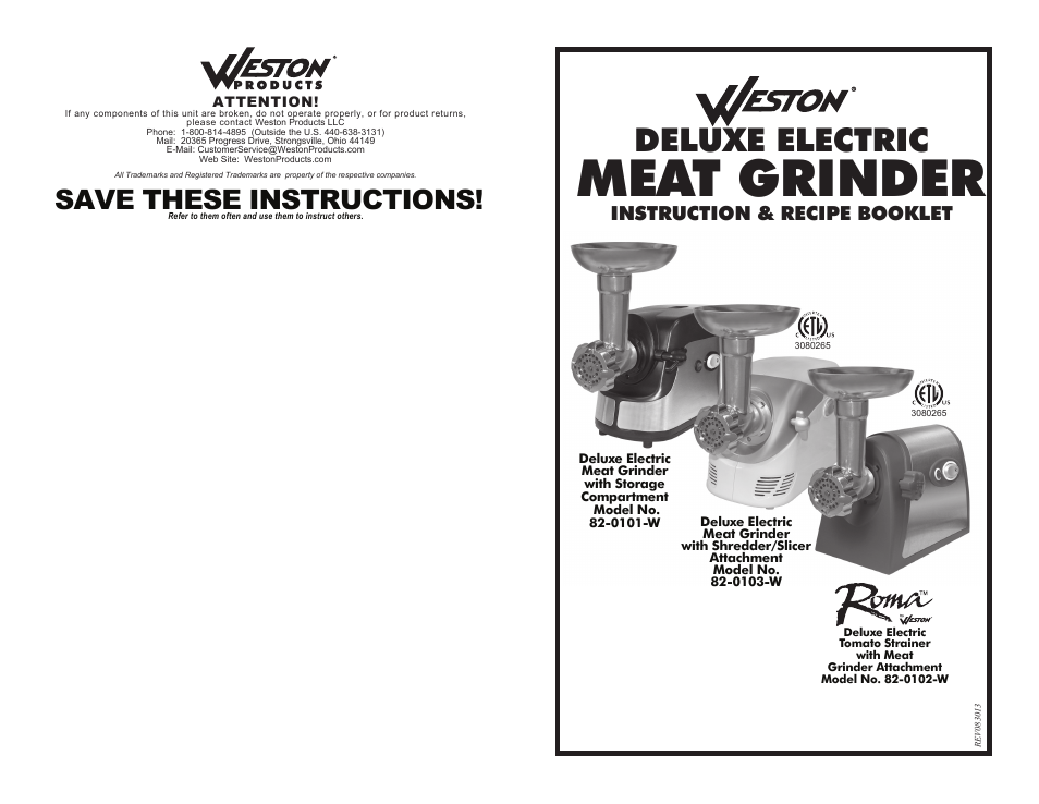 Weston #5 Deluxe Electric Meat Grinder User Manual | 10 pages