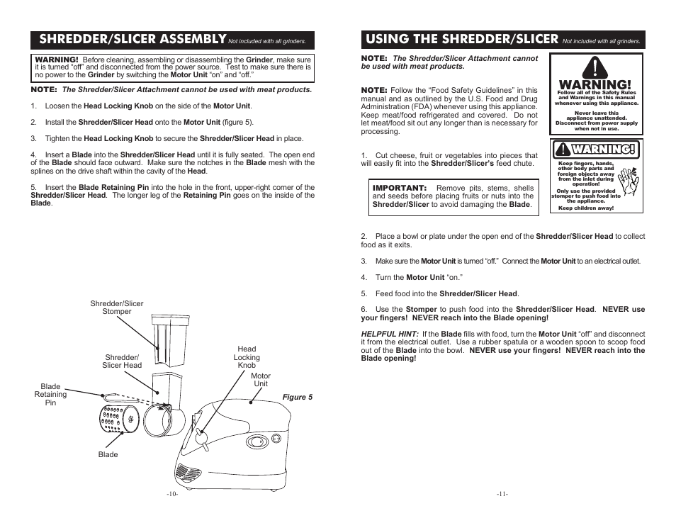 Shredder/slicer assembly, Using the shredder/slicer, Warning | Weston #5 Deluxe Electric Meat Grinder User Manual | Page 10 / 10