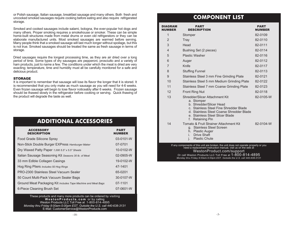 Component list, Additional accessories | Weston #5 Deluxe Electric Meat Grinder User Manual | Page 3 / 10