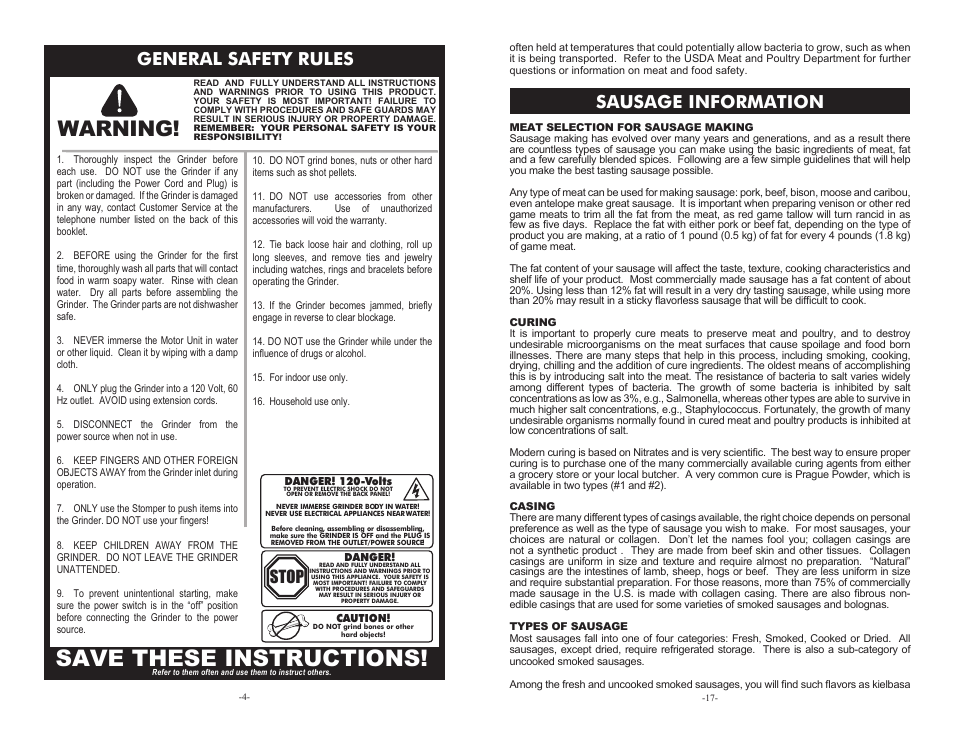 Save these instructions, Warning, General safety rules | Sausage information, Stop | Weston #5 Deluxe Electric Meat Grinder User Manual | Page 4 / 10