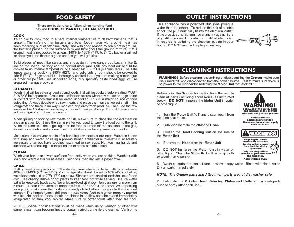 Cleaning instructions outlet instructions, Food safety, Warning | Weston #5 Deluxe Electric Meat Grinder User Manual | Page 5 / 10