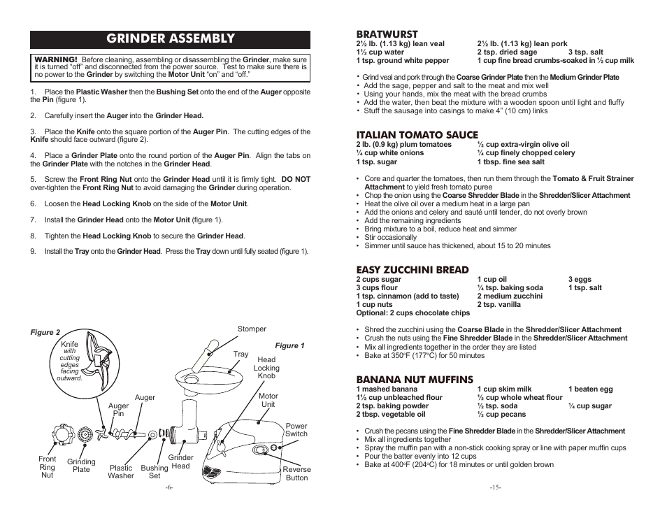 Grinder assembly, Bratwurst, Italian tomato sauce | Easy zucchini bread, Banana nut muffins | Weston #5 Deluxe Electric Meat Grinder User Manual | Page 6 / 10