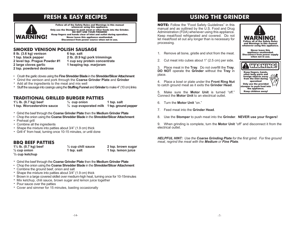 Using the grinder, Fresh & easy recipes, Warning | Smoked venison polish sausage, Traditional grilled burger patties, Bbq beef patties | Weston #5 Deluxe Electric Meat Grinder User Manual | Page 7 / 10