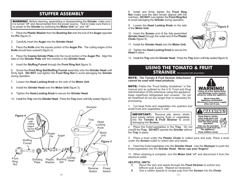 Using the tomato & fruit strainer, Stuffer assembly, Warning | Weston #5 Deluxe Electric Meat Grinder User Manual | Page 8 / 10