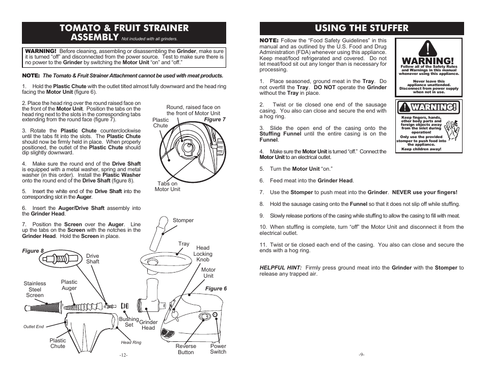 Using the stuffer, Tomato & fruit strainer assembly, Warning | Weston #5 Deluxe Electric Meat Grinder User Manual | Page 9 / 10