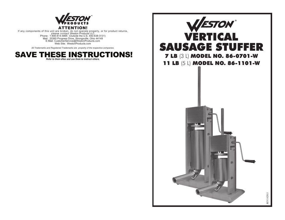 Weston 7 & 11 lb Vertical Sausage Stuffers User Manual | 6 pages