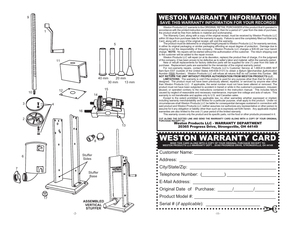 Weston warranty card, Weston warranty information | Weston 7 & 11 lb Vertical Sausage Stuffers User Manual | Page 2 / 6