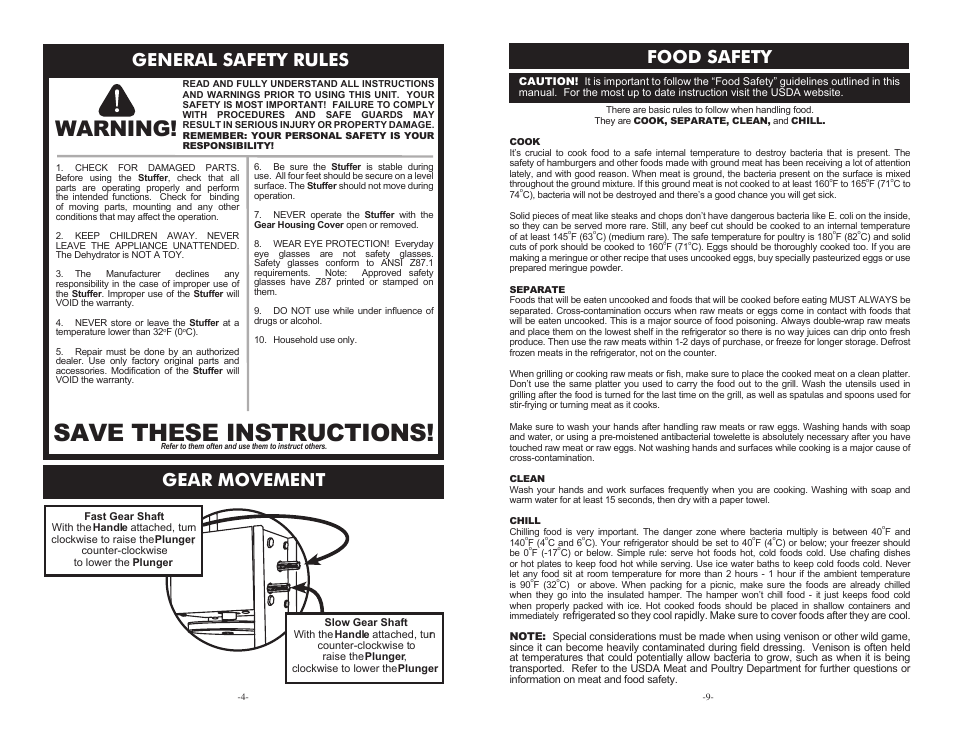 Save these instructions, Warning, General safety rules | Gear movement, Food safety | Weston 7 & 11 lb Vertical Sausage Stuffers User Manual | Page 4 / 6