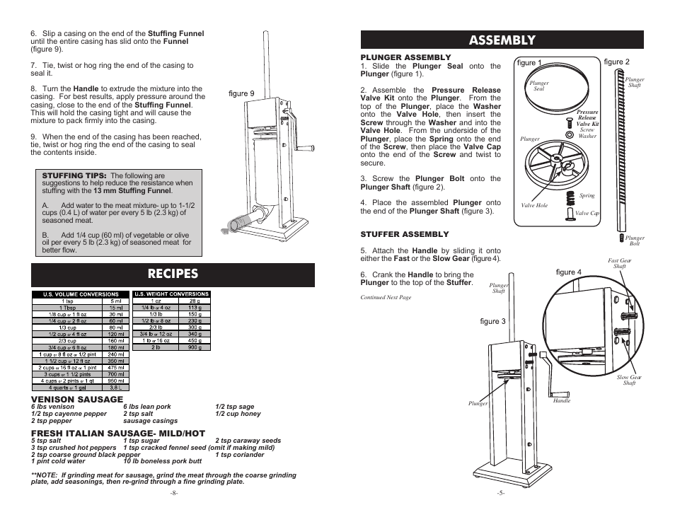 Assembly, Recipes | Weston 7 & 11 lb Vertical Sausage Stuffers User Manual | Page 5 / 6