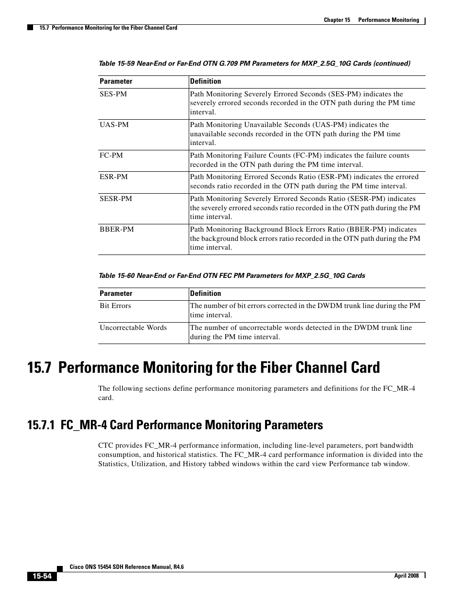 1 fc_mr-4 card performance monitoring parameters, Table 15-60 on | Cisco ONS 15454 SDH User Manual | Page 54 / 62