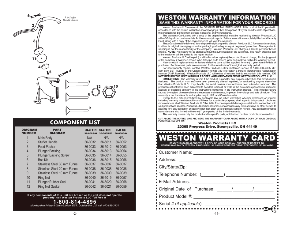 Weston warranty card, Weston warranty information, Component list | Weston Sausage Stuffers User Manual | Page 2 / 6