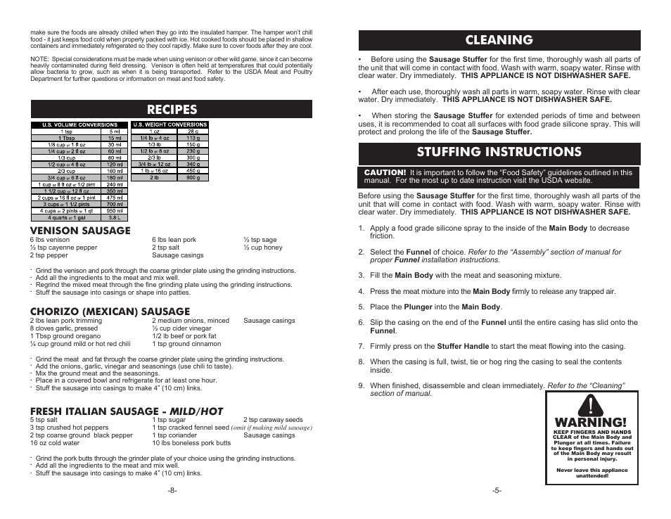 Cleaning, Stuffing instructions, Recipes | Warning, Venison sausage, Chorizo (mexican) sausage, Fresh italian sausage - mild/hot | Weston Sausage Stuffers User Manual | Page 5 / 6