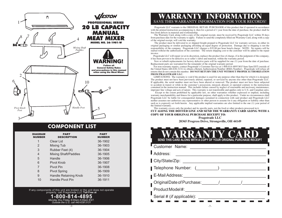 Warranty card, Warranty information, 20 lb capacity manual meat mixer | Component list, Warning | Weston 20 lb Meat Mixer User Manual | Page 2 / 4