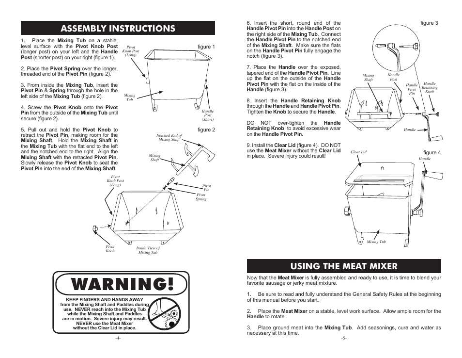 Warning, Assembly instructions, Using the meat mixer | Weston 20 lb Meat Mixer User Manual | Page 4 / 4