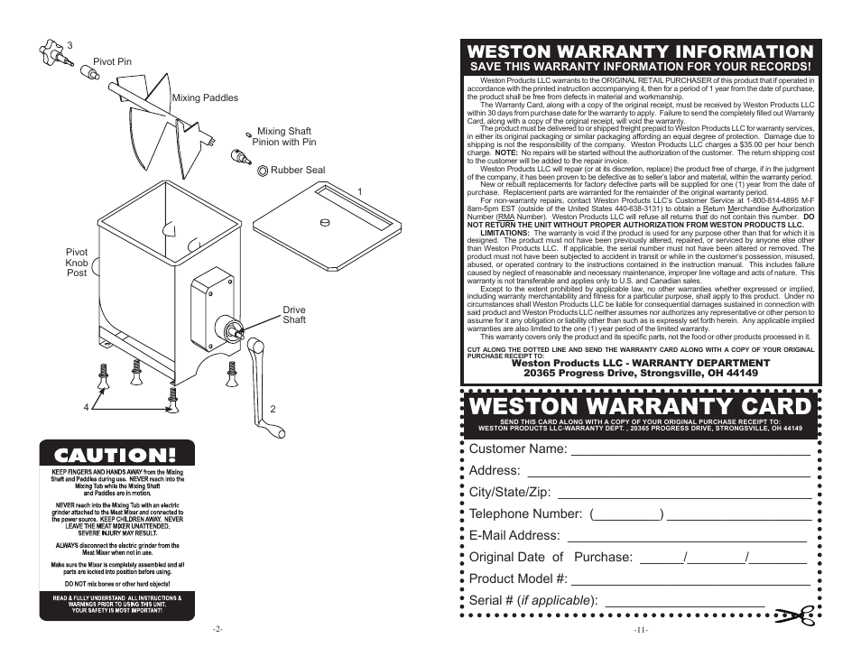 Weston warranty card, Weston warranty information | Weston 44 lb Meat Mixer User Manual | Page 2 / 6