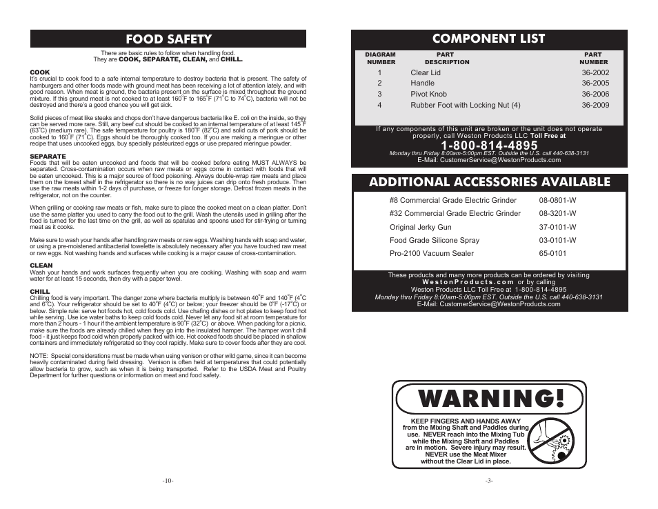 Warning, Component list, Additional accessories available | Food safety | Weston 44 lb Meat Mixer User Manual | Page 3 / 6