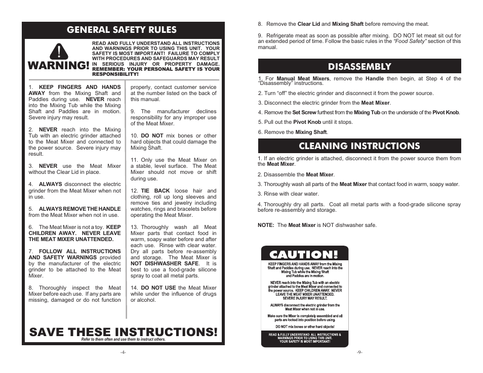 Save these instructions, Warning, Disassembly general safety rules | Cleaning instructions | Weston 44 lb Meat Mixer User Manual | Page 4 / 6