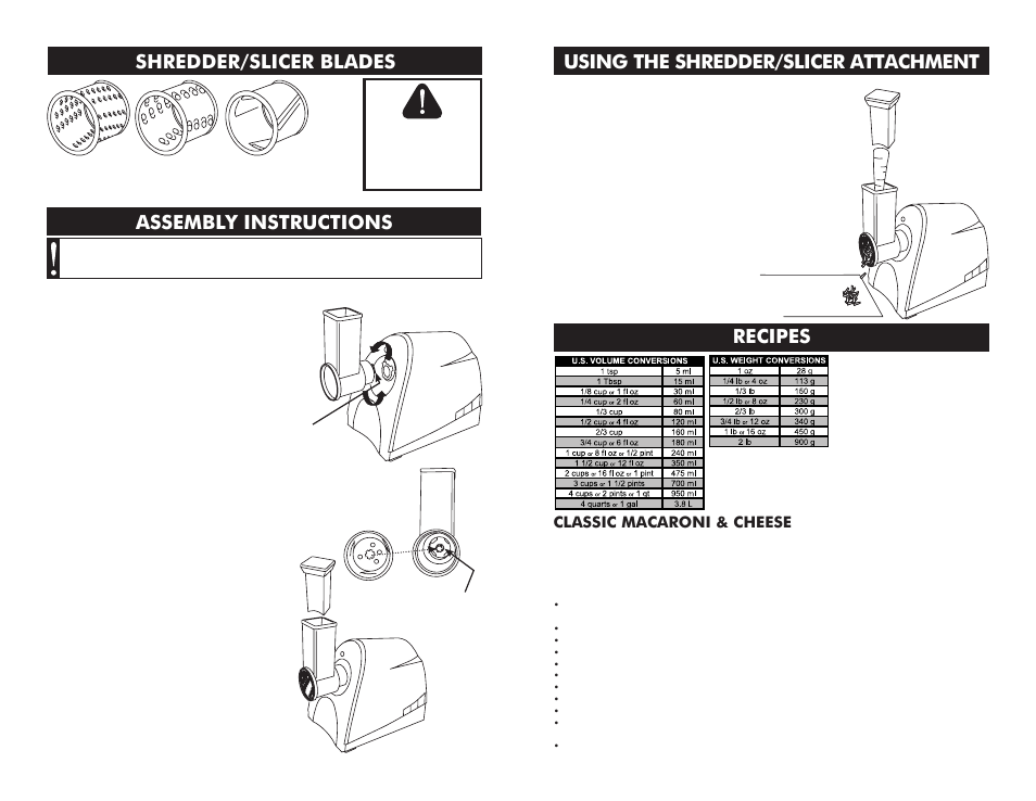 Assembly instructions, Using the shredder/slicer attachment, Shredder/slicer blades | Recipes warning, Classic macaroni & cheese | Weston Attachments for Weston #8 Meat Grinders User Manual | Page 2 / 8