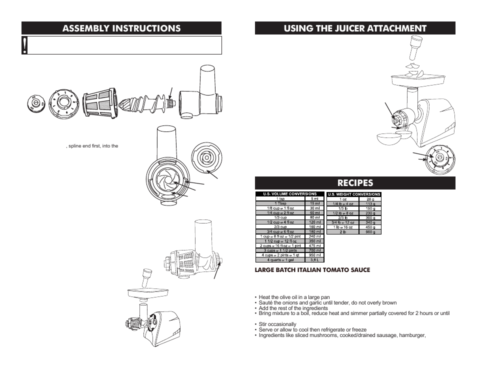 Assembly instructions, Using the juicer attachment, Recipes | Warning | Weston Attachments for Weston #8 Meat Grinders User Manual | Page 4 / 8