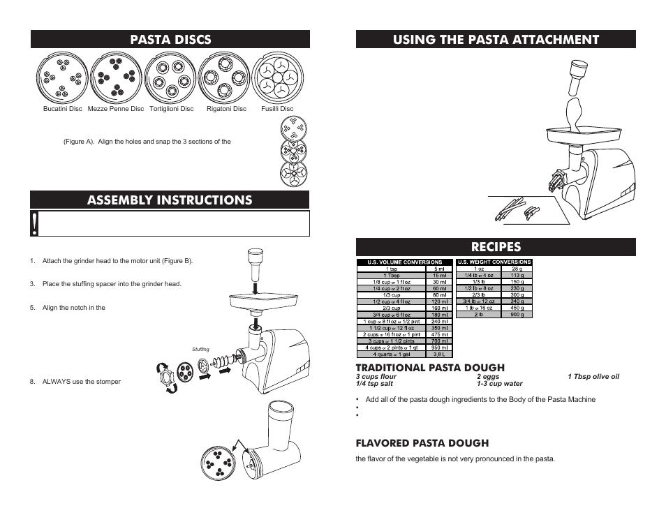 Assembly instructions, Using the pasta attachment, Pasta discs | Recipes, Traditional pasta dough, Flavored pasta dough | Weston Attachments for Weston #8 Meat Grinders User Manual | Page 6 / 8