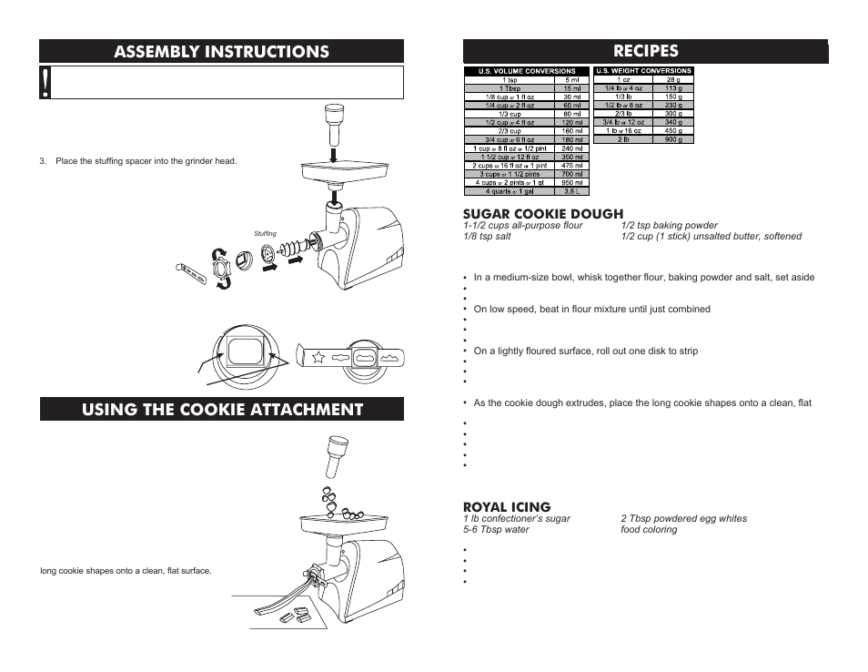 Assembly instructions, Using the cookie attachment, Recipes | Sugar cookie dough, Royal icing | Weston Attachments for Weston #8 Meat Grinders User Manual | Page 8 / 8