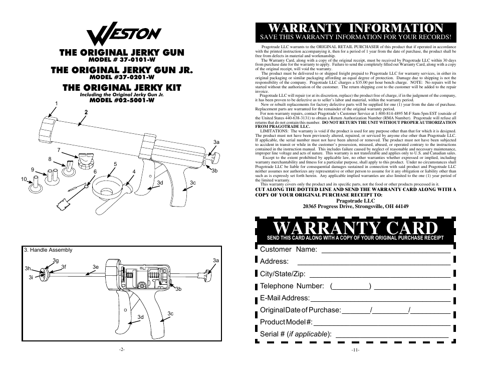 Warranty card, Warranty information, The original jerky gun | The original jerky gun jr, The original jerky kit | Weston Jerky Guns User Manual | Page 2 / 6