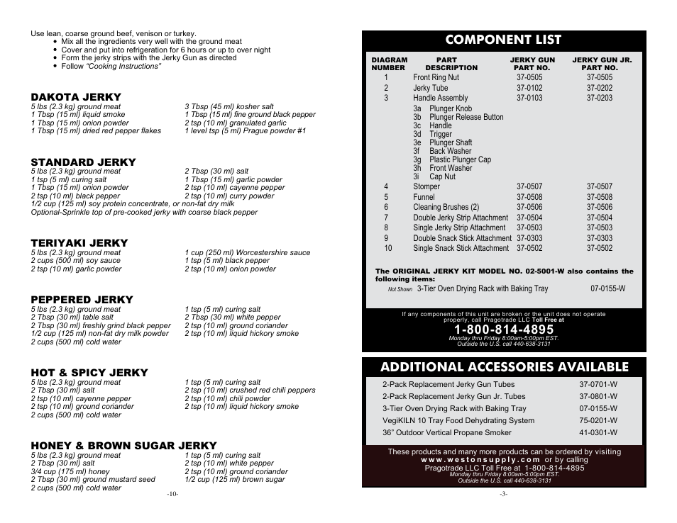 Component list, Additional accessories available | Weston Jerky Guns User Manual | Page 3 / 6