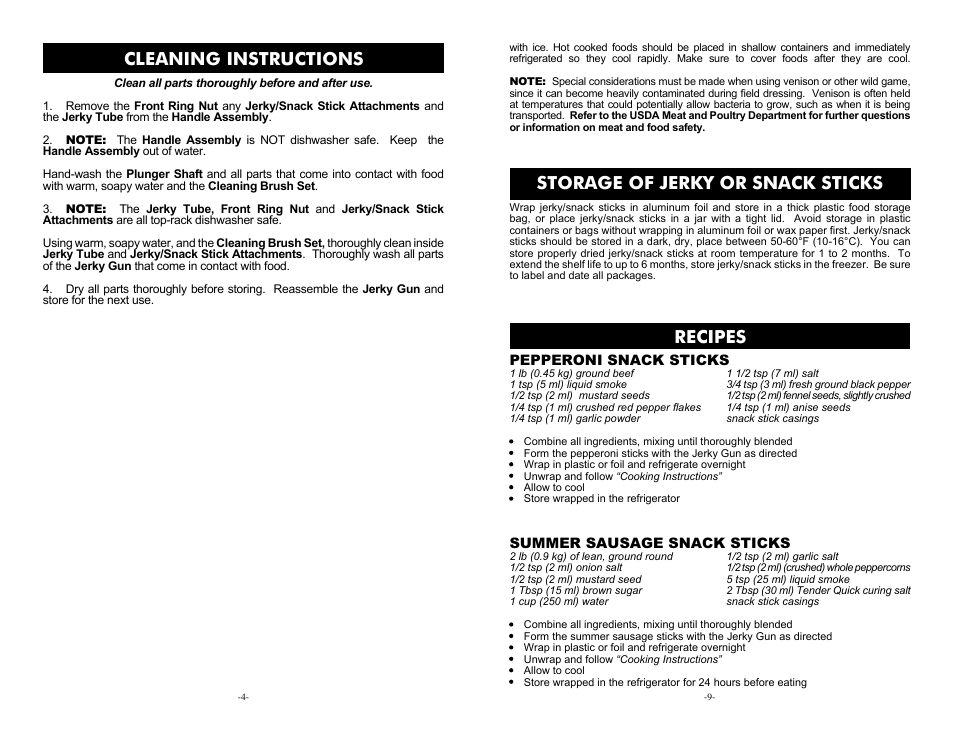 Cleaning instructions, Storage of jerky or snack sticks, Recipes | Weston Jerky Guns User Manual | Page 4 / 6