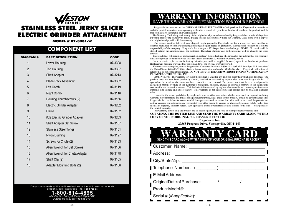 Warranty card, Warranty information, Component list | Weston Jerky Slicer Attachment (Stainless Steel) User Manual | Page 2 / 6