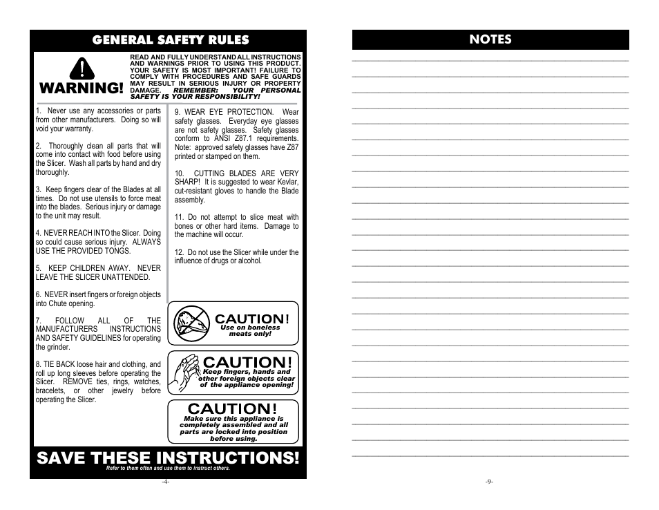 Save these instructions, Warning, General safety rules | Weston Jerky Slicer Attachment (Stainless Steel) User Manual | Page 4 / 6