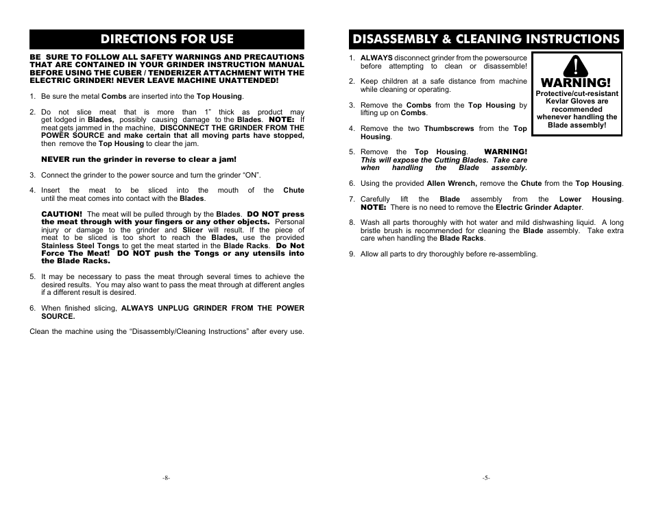 Disassembly & cleaning instructions, Warning, Directions for use | Weston Jerky Slicer Attachment (Stainless Steel) User Manual | Page 5 / 6