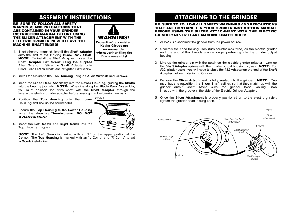 Attaching to the grinder, Assembly instructions, Warning | Weston Jerky Slicer Attachment (Stainless Steel) User Manual | Page 6 / 6