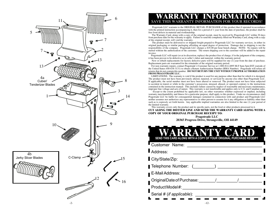 Warranty card, Warranty information | Weston Meat Cuber/Tenderizer & Jerky Slicer User Manual | Page 2 / 6