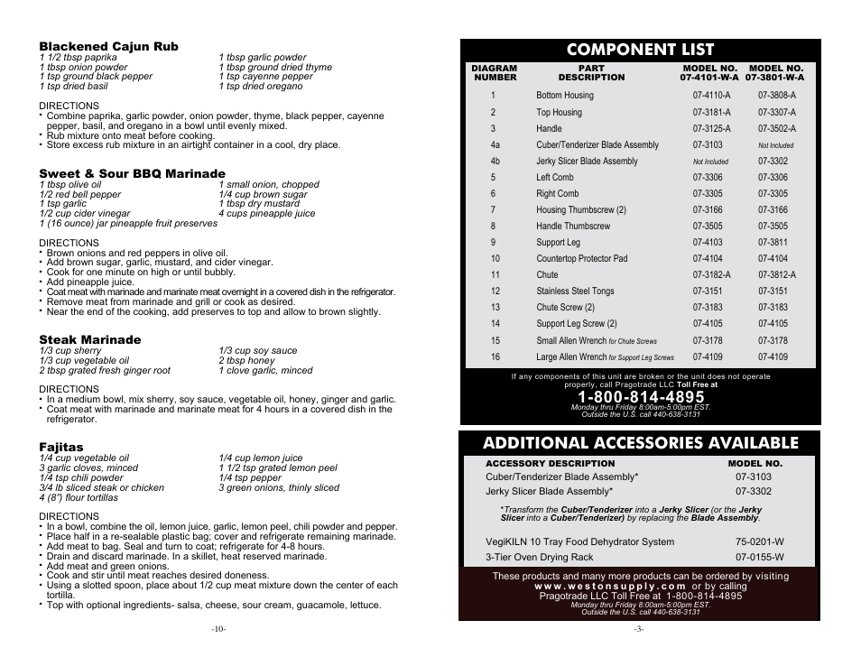 Component list, Additional accessories available | Weston Meat Cuber/Tenderizer & Jerky Slicer User Manual | Page 3 / 6