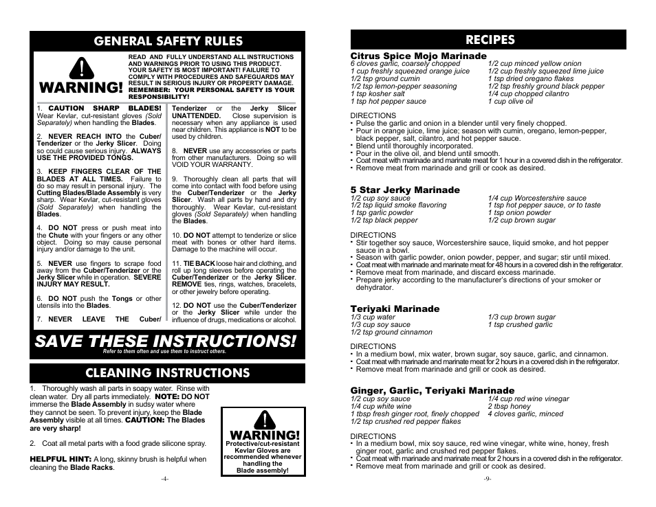 Save these instructions, Warning, General safety rules cleaning instructions | Recipes | Weston Meat Cuber/Tenderizer & Jerky Slicer User Manual | Page 4 / 6