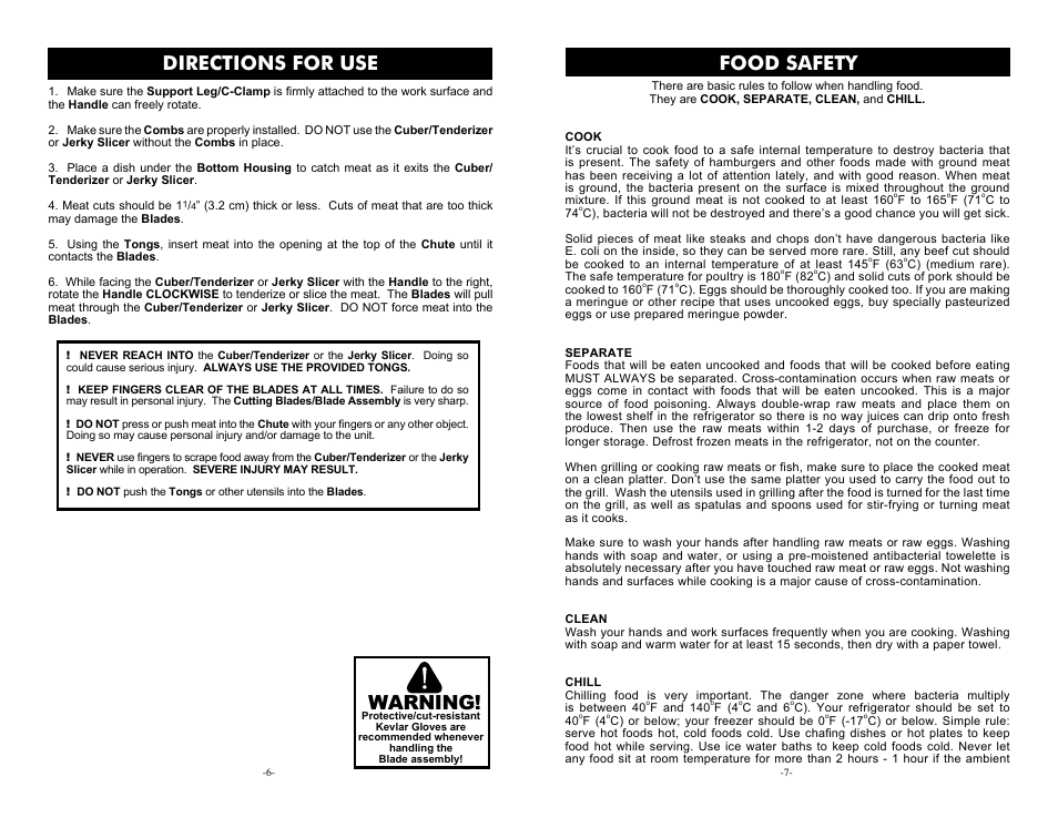 Directions for use, Warning, Food safety | Weston Meat Cuber/Tenderizer & Jerky Slicer User Manual | Page 6 / 6
