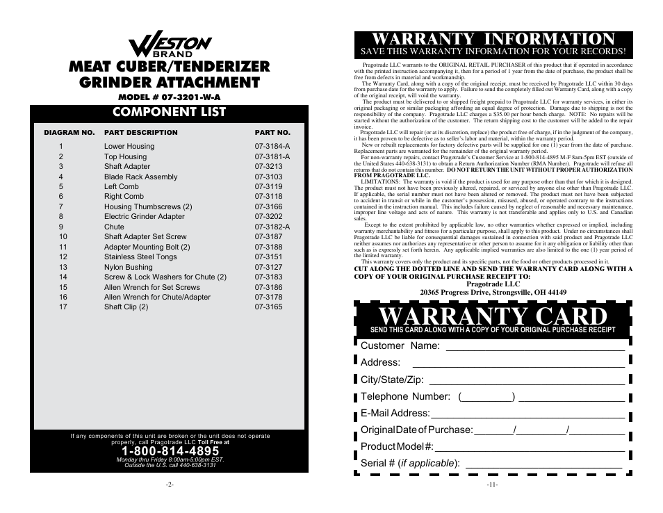 Warranty card, Warranty information, Meat cuber/tenderizer grinder attachment | Component list | Weston Cuber/Tenderizer Grinder Attachment User Manual | Page 2 / 6
