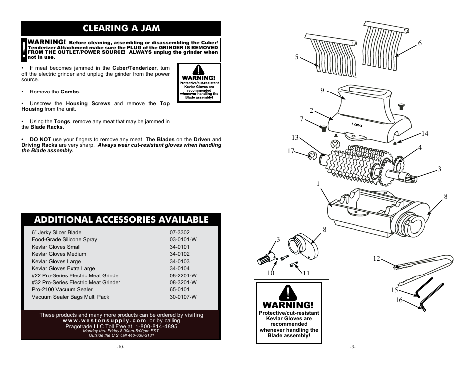 Warning, Clearing a jam, Additional accessories available | Weston Cuber/Tenderizer Grinder Attachment User Manual | Page 3 / 6