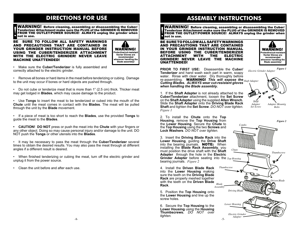 Assembly instructions, Directions for use | Weston Cuber/Tenderizer Grinder Attachment User Manual | Page 5 / 6
