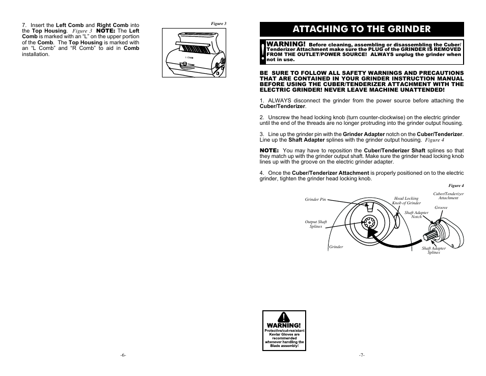 Attaching to the grinder, Warning | Weston Cuber/Tenderizer Grinder Attachment User Manual | Page 6 / 6