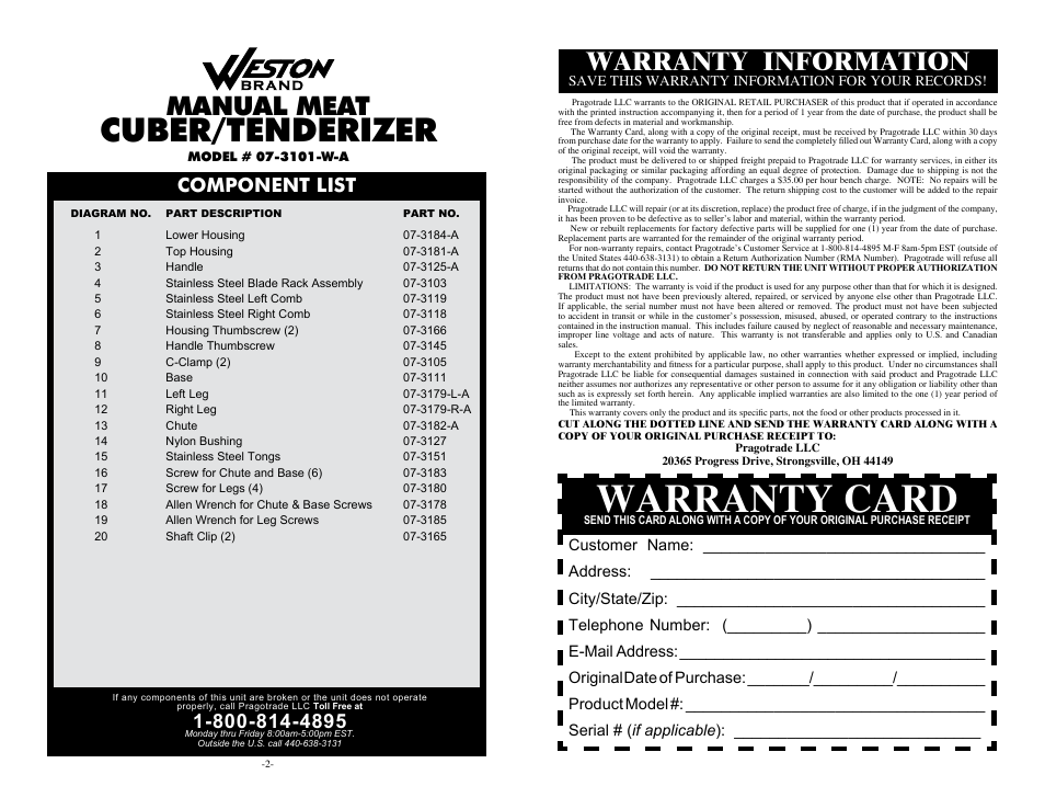 Warranty card, Cuber/tenderizer, Manual meat | Warranty information, Component list | Weston Cuber/Tenderizer User Manual | Page 2 / 4