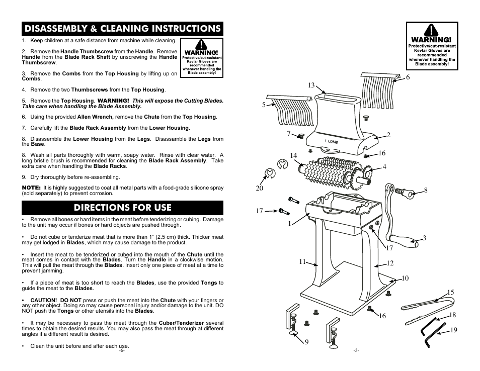 Directions for use, Disassembly & cleaning instructions | Weston Cuber/Tenderizer User Manual | Page 3 / 4