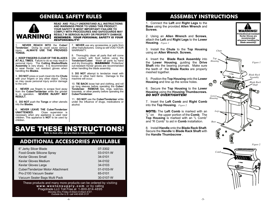 Save these instructions, Warning, Assembly instructions | General safety rules, Additional accessories available | Weston Cuber/Tenderizer User Manual | Page 4 / 4