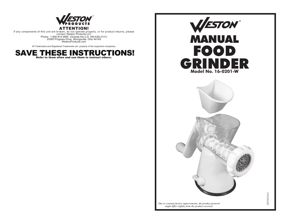 Weston Food Grinder User Manual | 6 pages