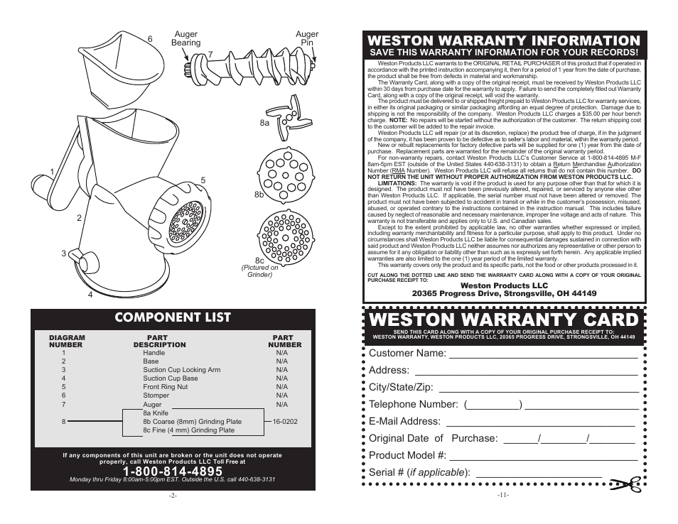 Weston warranty card, Weston warranty information, Component list | Weston Food Grinder User Manual | Page 2 / 6