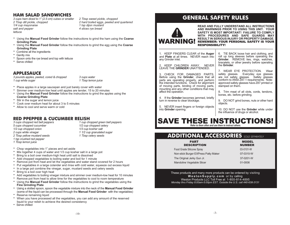 Save these instructions, Warning, Additional accessories | General safety rules, Ham salad sandwiches, Applesauce, Red ppepper & cucumber relish | Weston Food Grinder User Manual | Page 3 / 6