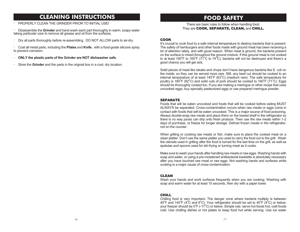 Cleaning instructions, Food safety | Weston Food Grinder User Manual | Page 6 / 6