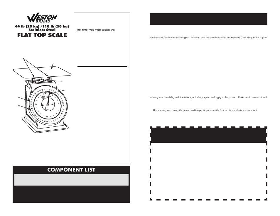 Warranty card, Warranty information, Flat top scale | Component list | Weston Stainless Steel Flat Top Scales User Manual | Page 2 / 2