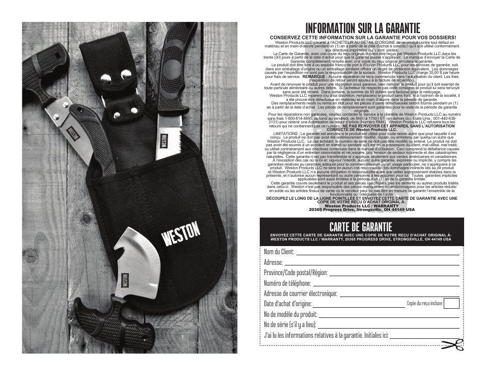 Information sur la garantie, Carte de garantie, Copie du reçu incluse | Weston 4 Piece Field Knife Set User Manual | Page 10 / 11
