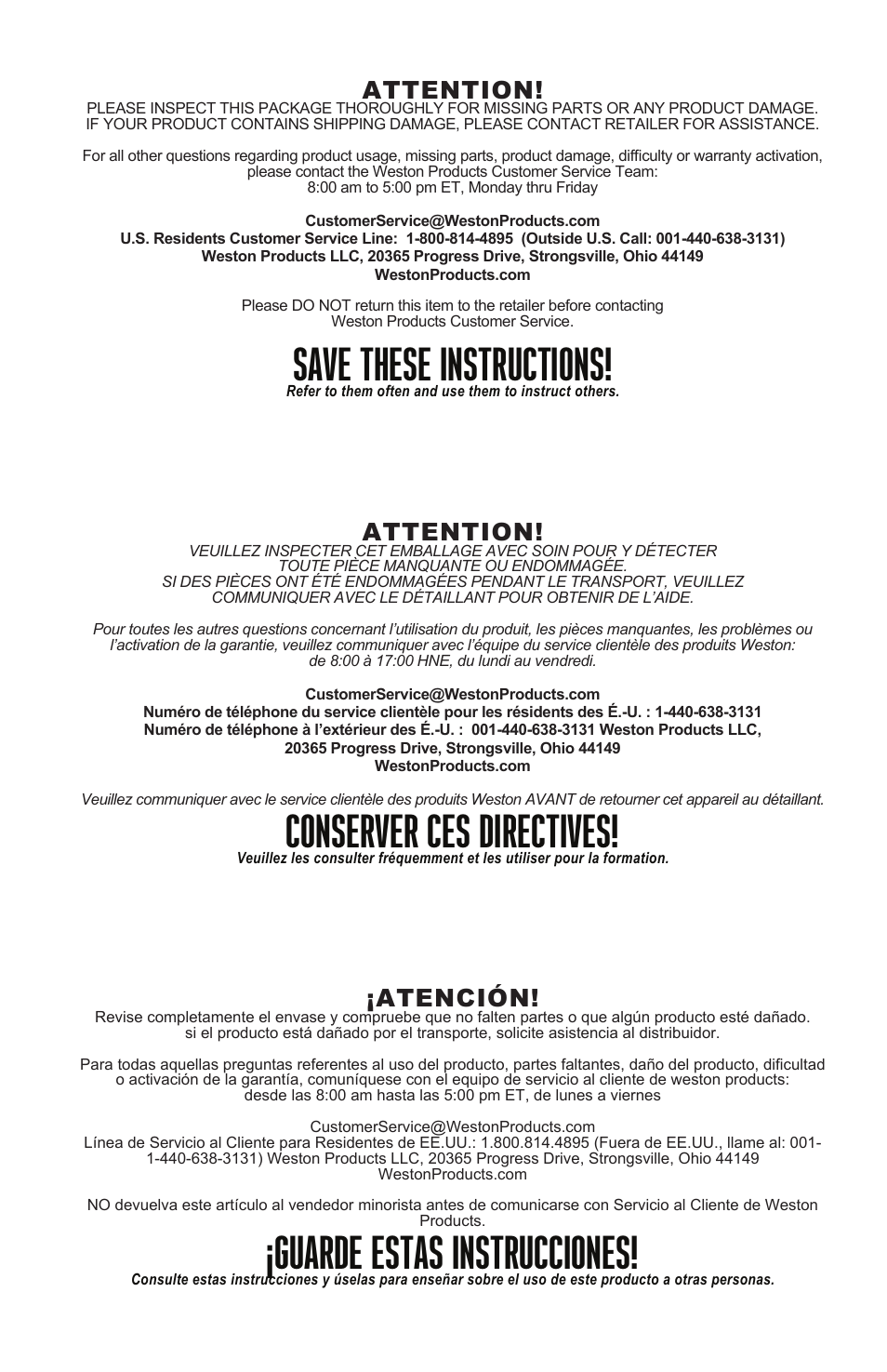 Save these instructions, Conserver ces directives, Guarde estas instrucciones | Attention, Atención | Weston 4 Piece Field Knife Set User Manual | Page 11 / 11